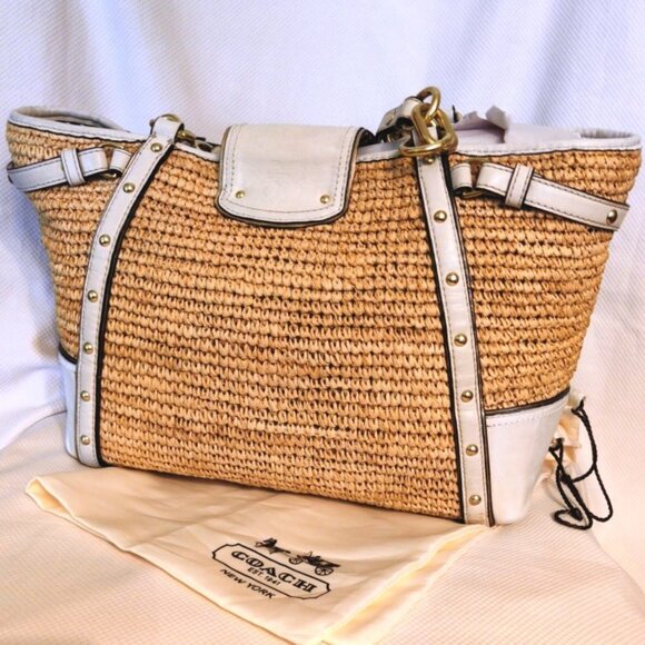 Coach Hamptons Large Natalie Raffia Straw & Leather Tea Roses Tote Bag GUC - Picture 7 of 16